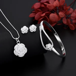 Flower set necklace, earrings, bracelet in 925 silver